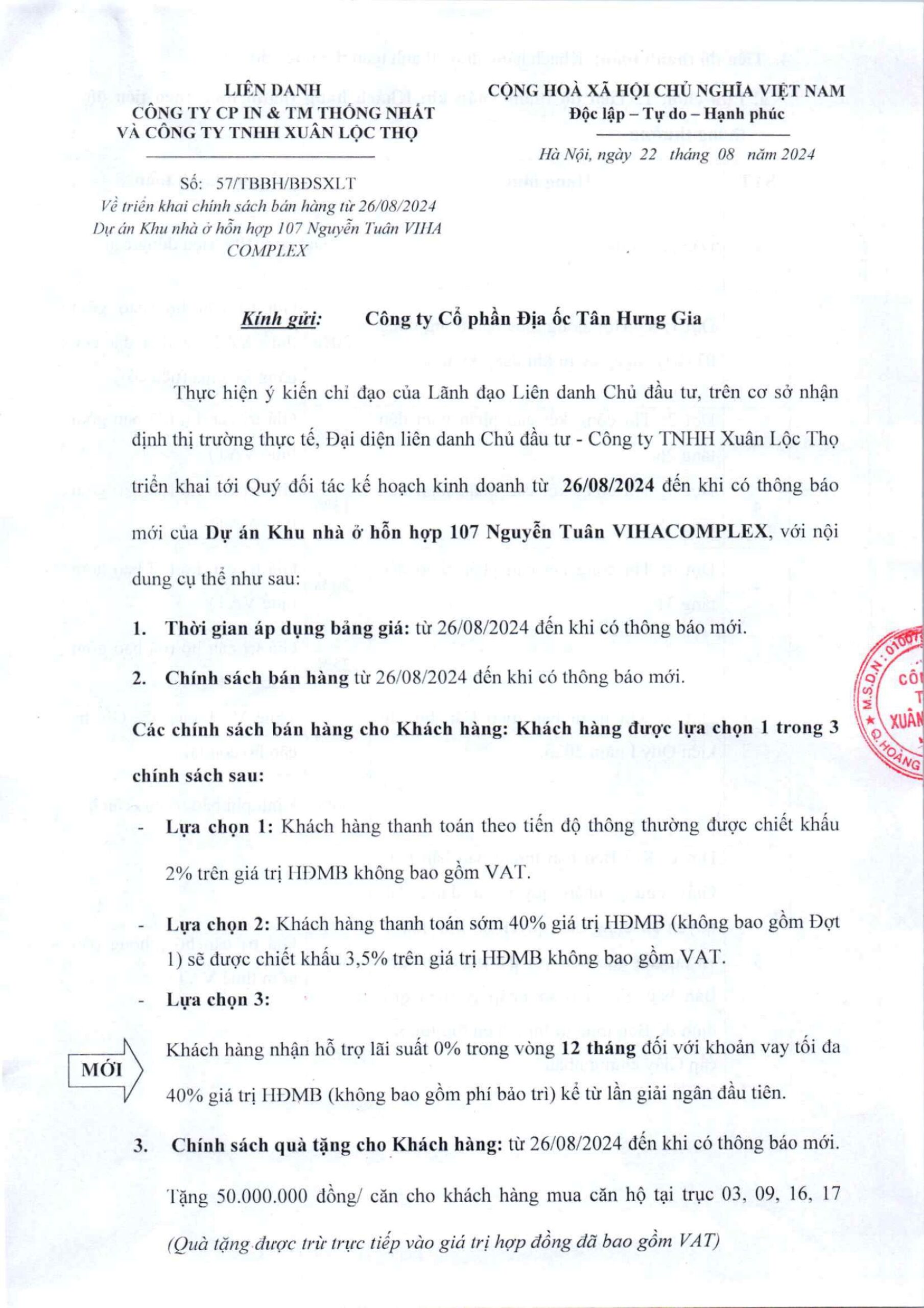 Chính sách bán hàng Chung cư Viha Complex